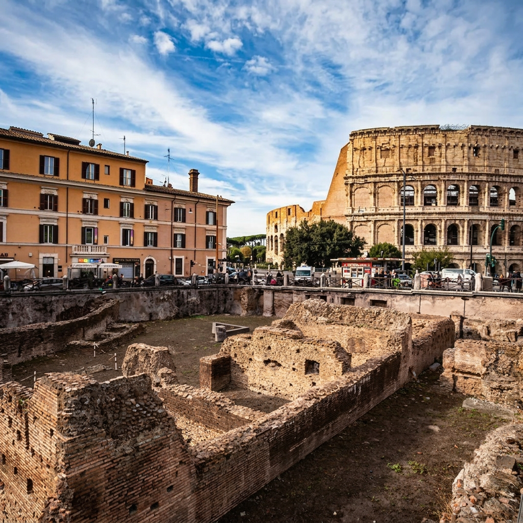 Ancient Roman ruins with Colosseum and nearby buildings at sunset